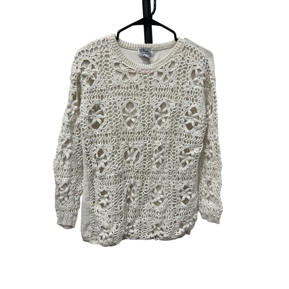 Vintage All Points Crochet Knit Crew Neck Sweater Sz L White Cotton